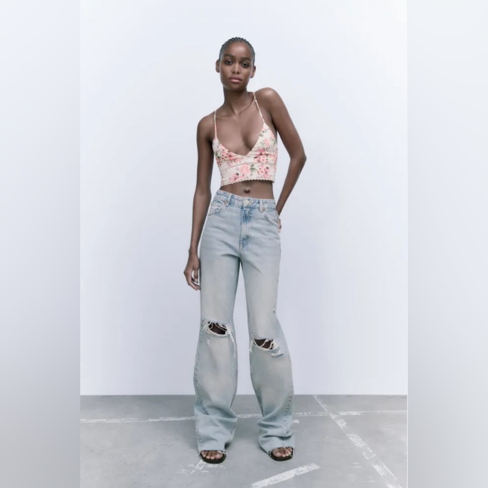 NWT Zara Floral Crop Top V Neck Crosses In Back
